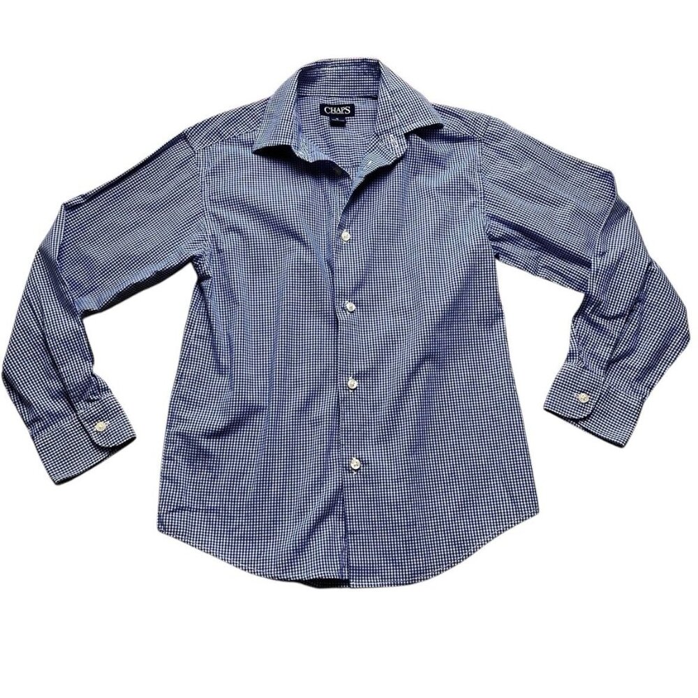 Chaps Boys Blue and White Plaid Button Down Shirt Size 8 Years
